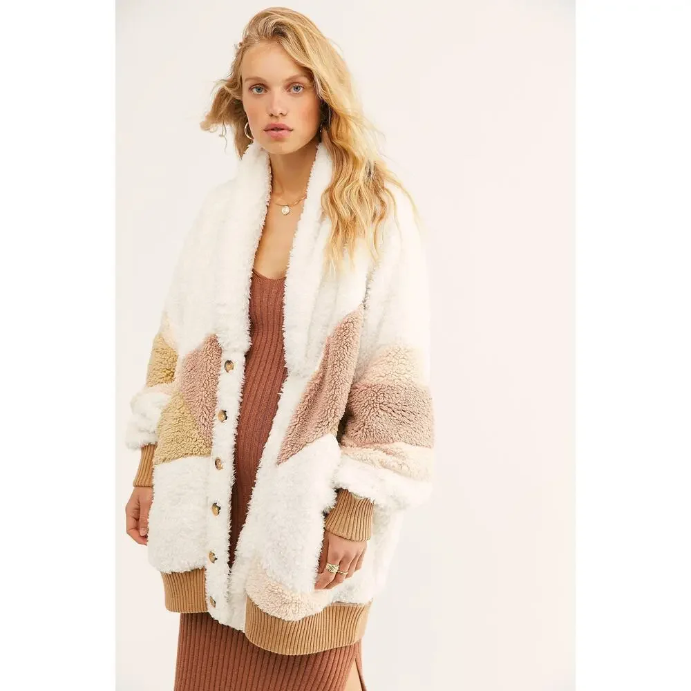 Free People Oversized Selma Cardi Color Block Sherpa Cardigan Bohemian Size XL